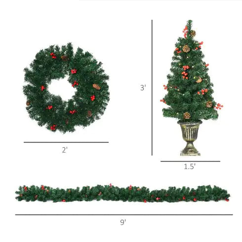 HOMCOM Prelit Holiday Christmas 4-Piece Set, Garland Wreath And Set Of 2 Entrance Trees With Warm White LED Lights, Red Berries, Pine Cones, Green - Gadgetmanic.com
