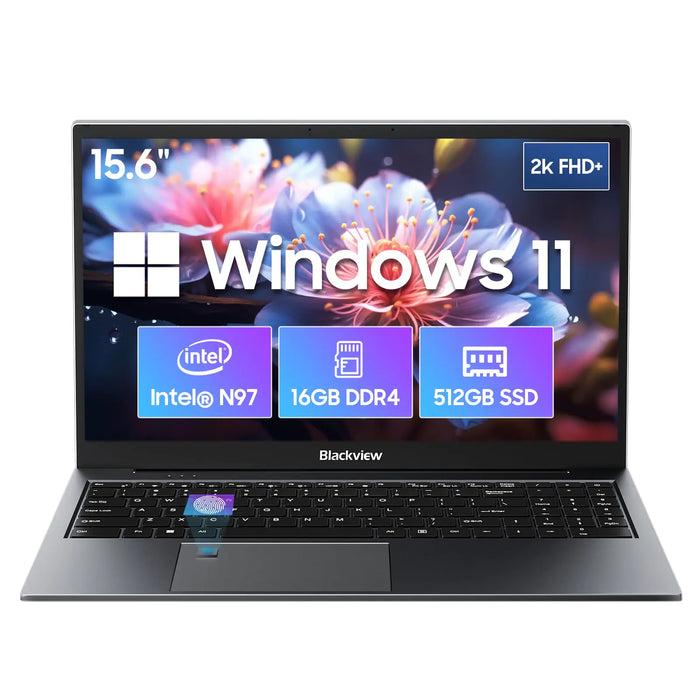 Blackview 15.6 Inch Laptop Computer | Gaming Laptop | 16GB(up to 32GB) RAM 512GB SSD | N97 Processor | FHD 1920 * 10800 | 180 Angle Open | Windows 11 Pro | Fingerprint Unlock Gray