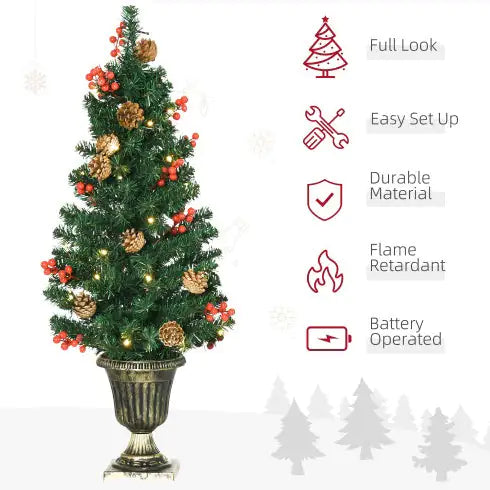HOMCOM Prelit Holiday Christmas 4-Piece Set, Garland Wreath And Set Of 2 Entrance Trees With Warm White LED Lights, Red Berries, Pine Cones, Green - Gadgetmanic.com