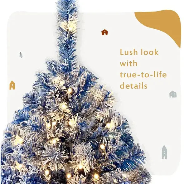 6FT Pre Lit Hinged Artificial Fir ChristmasTree, Xmas Tree Snow Flocked Artificial Holiday Christmas Tree W 750 Branch Tips X Mas - Gadgetmanic.com