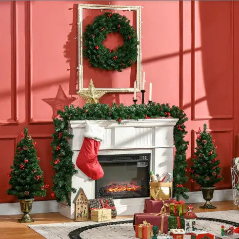 HOMCOM Prelit Holiday Christmas 4-Piece Set, Garland Wreath And Set Of 2 Entrance Trees With Warm White LED Lights, Red Berries, Pine Cones, Green - Gadgetmanic.com