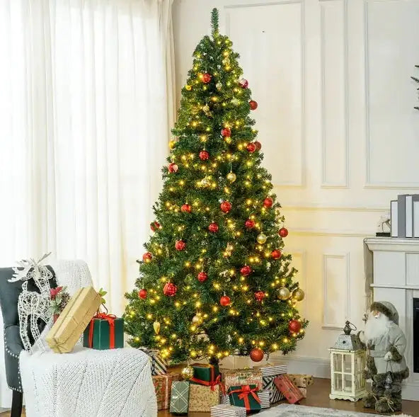 HOMCOM 7.5' Tall Prelit Christmas Tree Douglas Fir Artificial Christmas Tree With Realistic Branches, 500 Warm White LED Lights And 1346 Tips, Green - Gadgetmanic.com