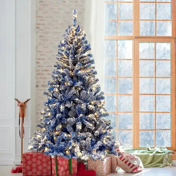 6FT Pre Lit Hinged Artificial Fir ChristmasTree, Xmas Tree Snow Flocked Artificial Holiday Christmas Tree W 750 Branch Tips X Mas - Gadgetmanic.com