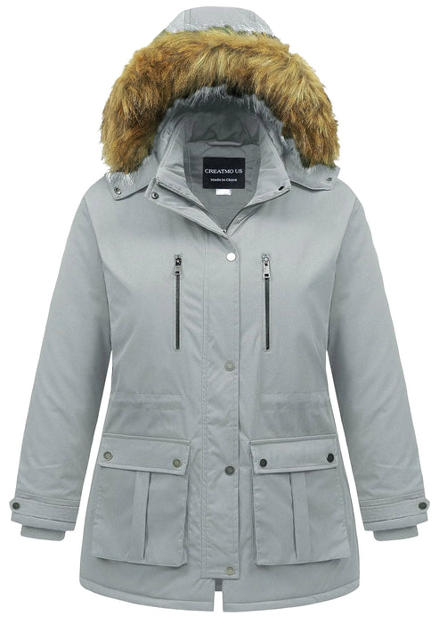 CREATMO US Winter Coats for Women Plus Size Womens Thicken Puffer Coat Fur Warm with Faux Trim Hood Light Grey 2X