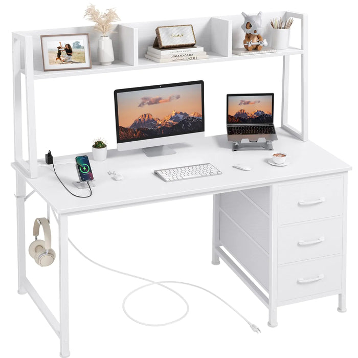 White Computer Desk with Hutch & Drawers - Office Desk with 3 Storage Drawers and Power Outlets 47 Inch Modern Study Writing Desk for Bedroom Home Office - Gadgetmanic.com