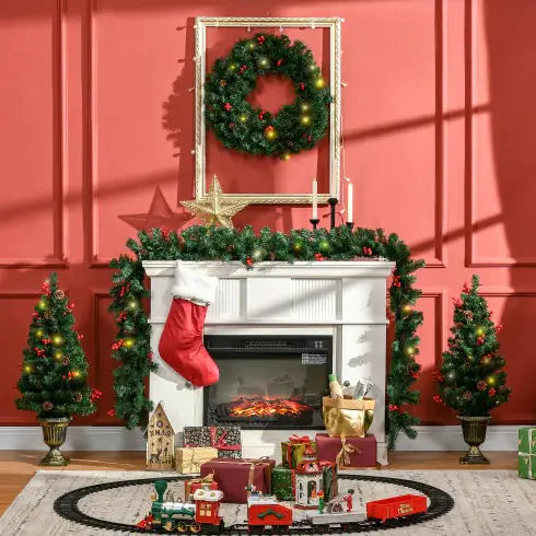 HOMCOM Prelit Holiday Christmas 4-Piece Set, Garland Wreath And Set Of 2 Entrance Trees With Warm White LED Lights, Red Berries, Pine Cones, Green - Gadgetmanic.com