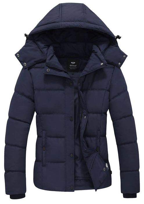 GGleaf Womens Winter Thicken Puffer Coat Windproof Warm Jacket with Removable Hood Navy Large