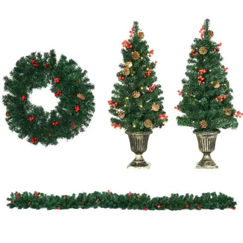 HOMCOM Prelit Holiday Christmas 4-Piece Set, Garland Wreath And Set Of 2 Entrance Trees With Warm White LED Lights, Red Berries, Pine Cones, Green - Gadgetmanic.com