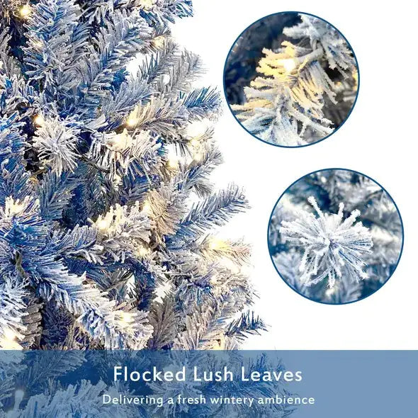6FT Pre Lit Hinged Artificial Fir ChristmasTree, Xmas Tree Snow Flocked Artificial Holiday Christmas Tree W 750 Branch Tips X Mas - Gadgetmanic.com