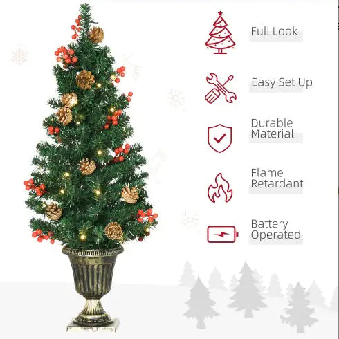 HOMCOM Prelit Holiday Christmas 4-Piece Set, Garland Wreath And Set Of 2 Entrance Trees With Warm White LED Lights, Red Berries, Pine Cones, Green - Gadgetmanic.com