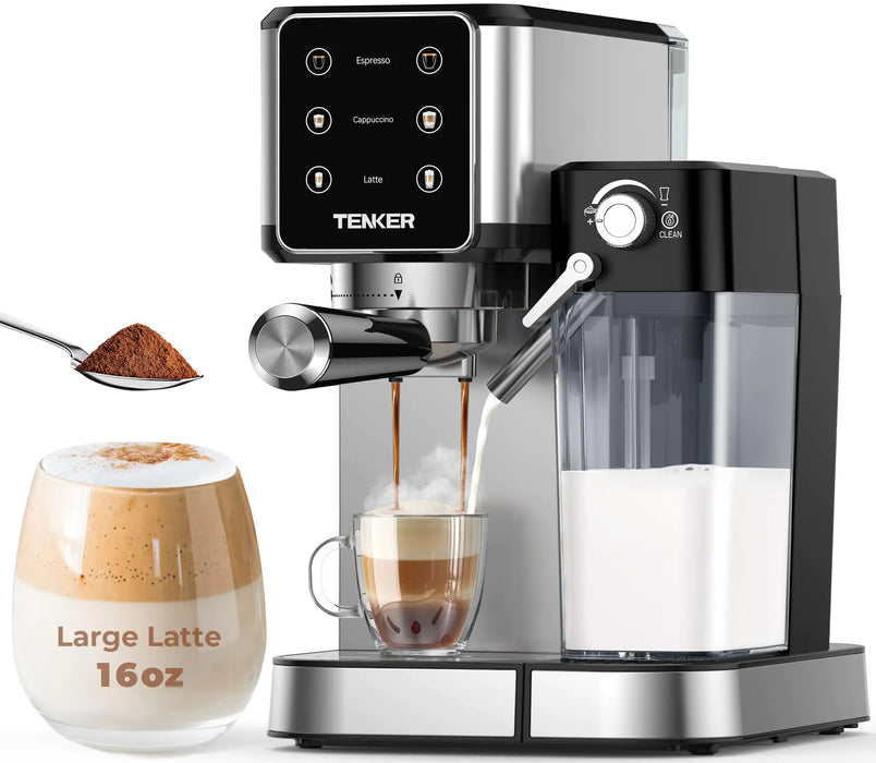 TENKER Espresso Machine 20 Bar Cappuccino Machine with Automatic Milk Frother Latte Machine in Stainless Steel Design 1350W Touchscreen Coffee Maker for Home and Office (Silver)