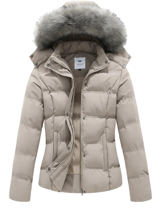 GGleaf Womens Hooded Warm Winter Coat Quilted Thicken Puffer Jacket with Removable Fur Hood Khaki XXL