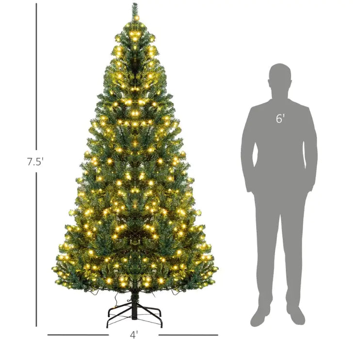 HOMCOM 7.5' Tall Prelit Christmas Tree Douglas Fir Artificial Christmas Tree With Realistic Branches, 500 Warm White LED Lights And 1346 Tips, Green - Gadgetmanic.com