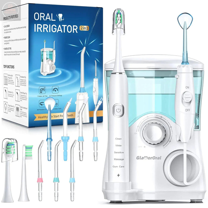 Electric Toothbrush and Water Flosser600ML Oral Irrigator Water Flosser with 7 Jet Tips10 Adjustable Pressure SettingsSonic Electric Toothbrush with 2 Brush Heads5 Modes(White) - Gadgetmanic