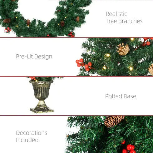HOMCOM Prelit Holiday Christmas 4-Piece Set, Garland Wreath And Set Of 2 Entrance Trees With Warm White LED Lights, Red Berries, Pine Cones, Green - Gadgetmanic.com