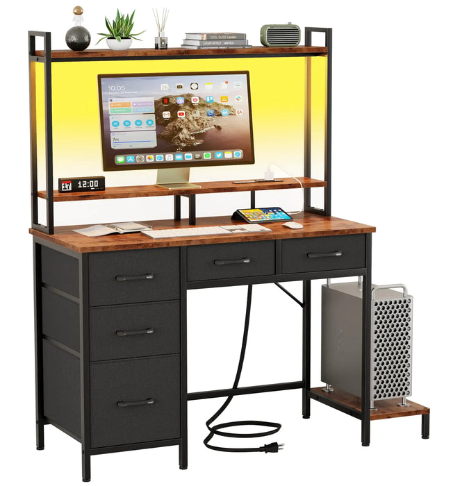 Computer Desk with Hutch Gaming Desk with Power Outlets & LED Ligthts & 5 Fabric Drawers Home Office Desk with 2 Tiers Storage Shelves for Display 39" PC Gamer Table for Bedroom Rustic Brown - Gadgetmanic.com