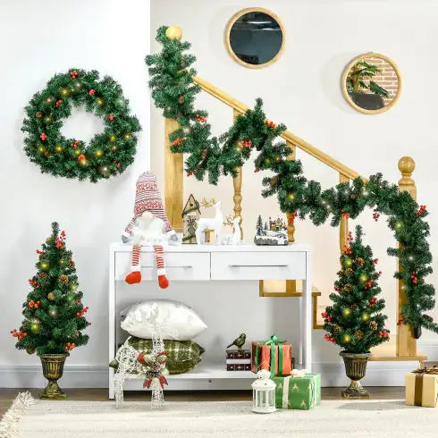 HOMCOM Prelit Holiday Christmas 4-Piece Set, Garland Wreath And Set Of 2 Entrance Trees With Warm White LED Lights, Red Berries, Pine Cones, Green - Gadgetmanic.com