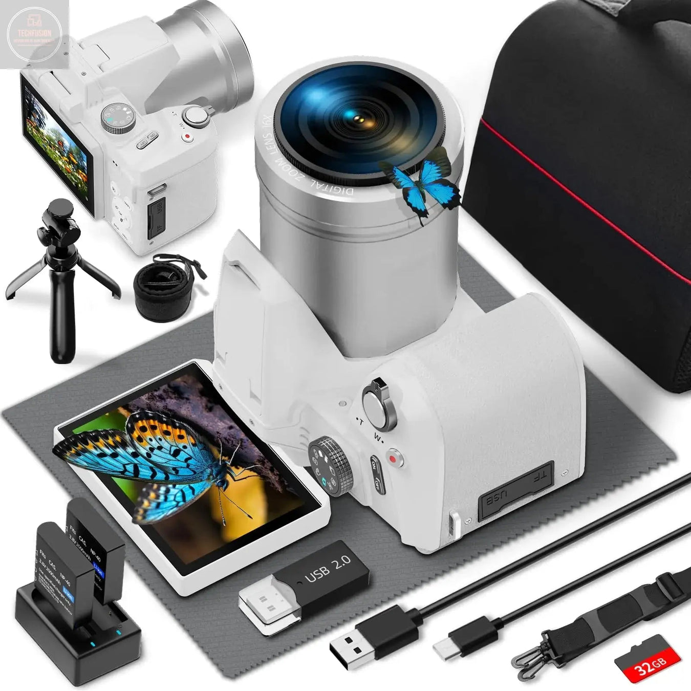 Monitech 64MP 4K Digital Camera for Photography Vlogging Cameras for YouTube with 3” Flip Screen16X Digital Zoom WiFi& AutofocusCameras Strap&Tripod2 Batteries 32GB TF Card(S200White - Gadgetmanic