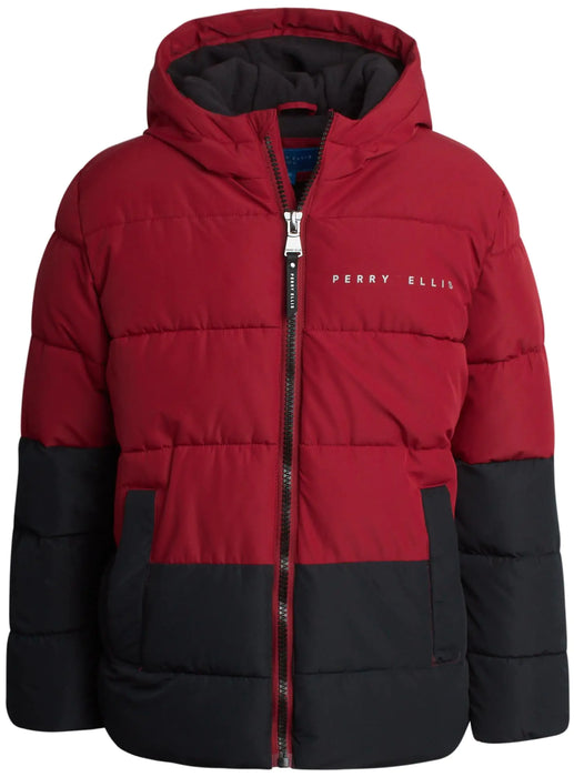 Perry Ellis Boys’ Winter Jacket – Quilted Fleece Lined Hooded Bubble Puffer Coat – Warm Insulated Jacket for Boys (4-20) Size 18 Dark Red/Black