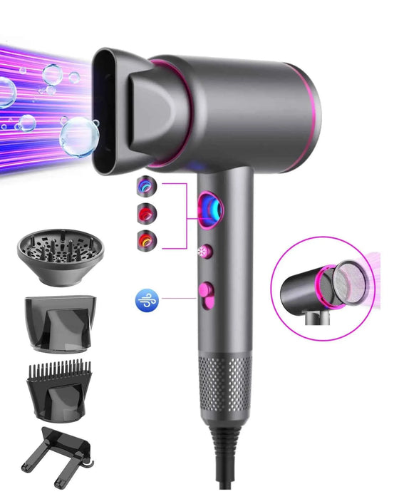 Professional Ionic Hair Dryer 1875W 110000 RPM High-Speed Hair Dryer Arhhn Fast Drying Low Noise Blow Dryer with 2 Concentrator Nozzle 1 Diffuser Lightweight Hairdryer for Home Salon Travel(Grey) - Gadgetmanic