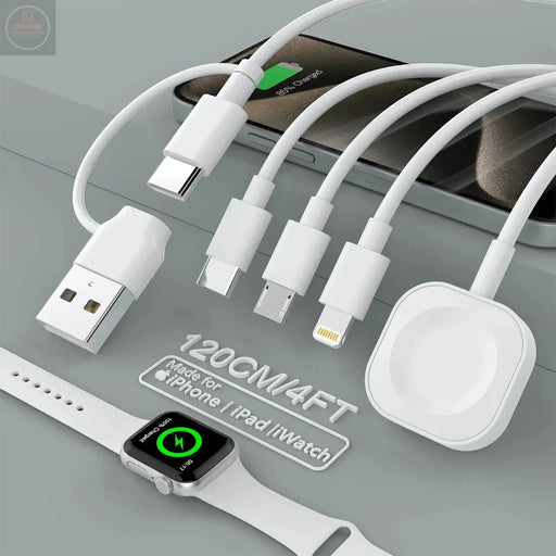 4 in 2 iWatch & Phone Charger Cable Multi Watch Charging Cable for Apple Watch/iPhone/Airpods Apple Watch Charger with iWatch Series 8-1- Travel iWatch Charger for USB C/Lighting/Micro Port (4FT) - Gadgetmanic