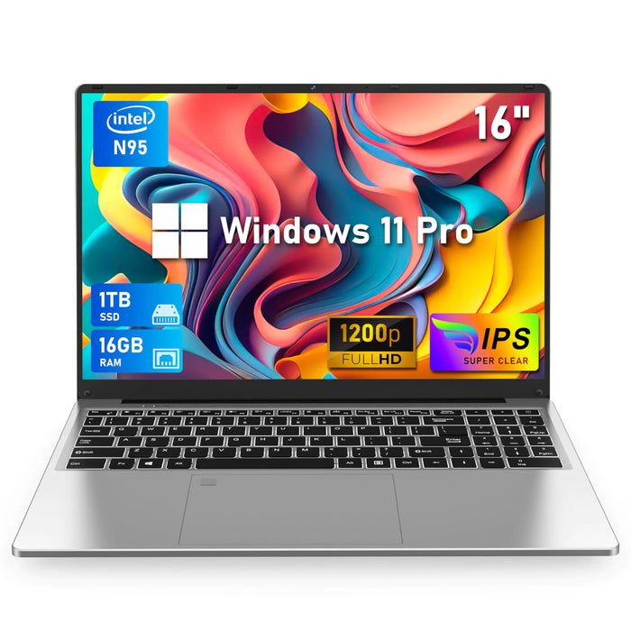 NIAKUN 16 Inch Laptop Computer Gaming Laptop 16GB RAM 1TB SSD N95 Processor FHD 1920 * 1200 180 Angle Open Backlit Keyboard Windows 11 Pro Fingerprint Unlock WiFi 5 BT 4.2