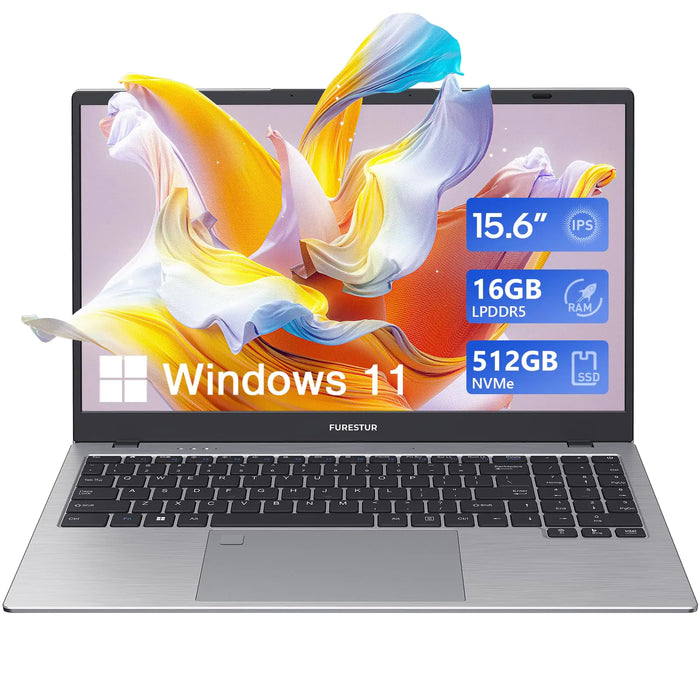 FURESTUR Laptop 15.6 inch Laptop Computer 16GB LPDDR5 RAM 512GB NVMe SSD Quad-Core N100 Processor Win-11 Pro Laptops FHD IPS Display Long Lasting Battery WiFi 6 BT 5.0 USB-C Webcam