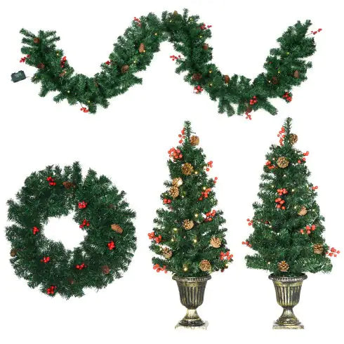 HOMCOM Prelit Holiday Christmas 4-Piece Set, Garland Wreath And Set Of 2 Entrance Trees With Warm White LED Lights, Red Berries, Pine Cones, Green - Gadgetmanic.com