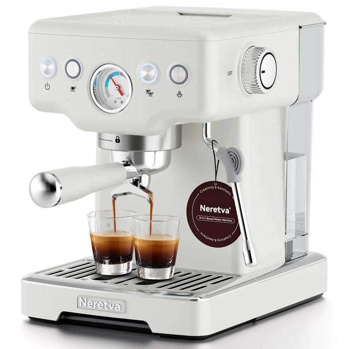 Neretva Espresso Machine 2 in 1 Stainless Steel Coffee and Espresso Maker Combo 1450 W 15 Bar Espresso Coffee Machine for Espresso Latte Macchiato Cappuccino Ideal for Home Barista (White)