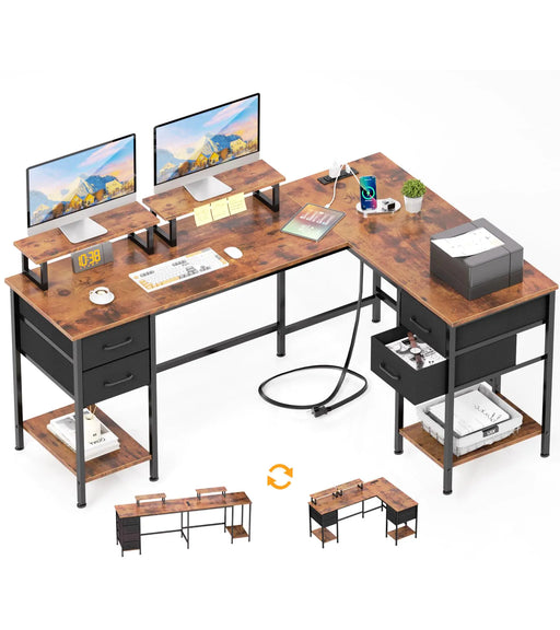 Korfile L Shaped Computer Desk with Power Outlets Home Office Desk with 4 Adjustable Storage Drawers Corner Desk with 2 Monitor Stands Two Person Gaming Desk for Bedroom 59 inch Rustic Brown - Gadgetmanic.com