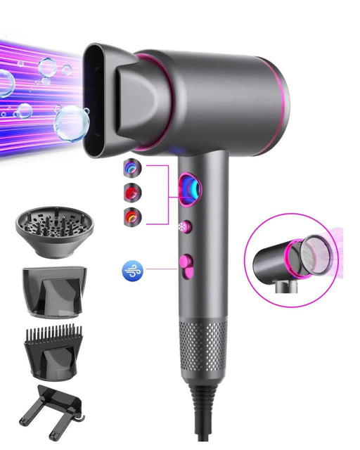 Professional Ionic Hair Dryer 1875W 110000 RPM High-Speed Hair Dryer Arhhn Fast Drying Low Noise Blow Dryer with 2 Concentrator Nozzle 1 Diffuser Lightweight Hairdryer for Home Salon Travel(Grey) - Gadgetmanic