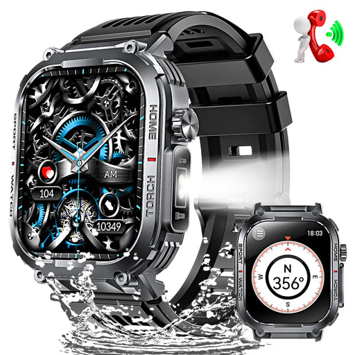Smartwatch with mechanical design and additional feature display on a white background