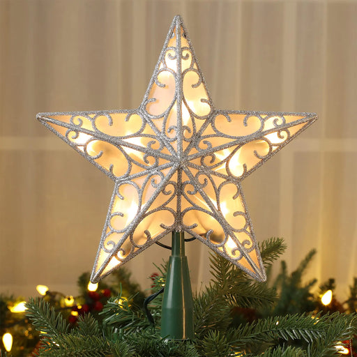 Brizled 9.5” Christmas Star Tree Topper Glittered Silver Treetop Star 3D Star Christmas Tree Topper with 10 Lights UL Certified Lighted Xmas Tree Topper for Christmas Tree Decorations - Gadgetmanic.com