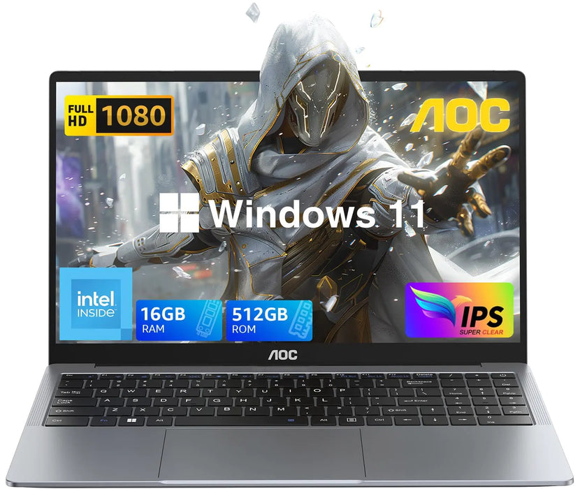 AOC Laptop Computer with N97 Processor(Up to 3.6GHz) 16GB RAM 512GB SSD Laptop 15.6 Inch FHD Screen Gaming Laptops Windows 11 Laptop Computer Light&Thin Metal Shell Webcam Type-C USB3.2