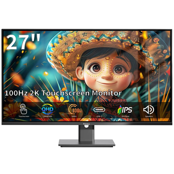 Pisichen Touchscreen Monitor 27 Inch 2K 100Hz Gaming Monitor QHD 2560x1440 IPS PC Monitor 10-Point Multi Touch Screen Computer Monitor USBC HDMI VGA Ports Built-in Speakers