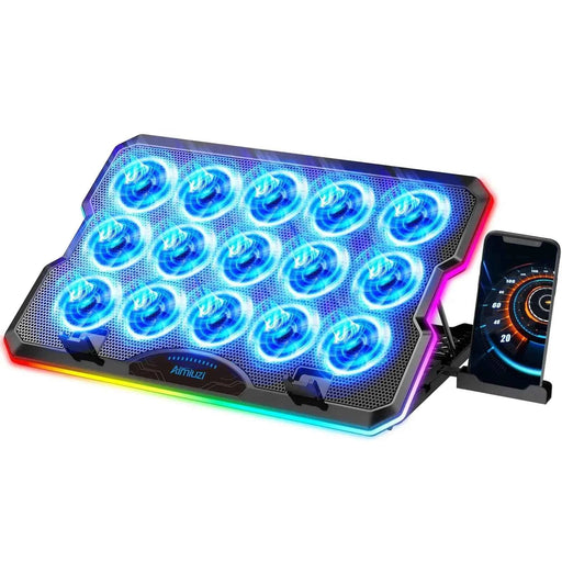 AIMIUZI Laptop Cooling Pad Gaming Laptop Cooler with 15 Quiet Fans for 12 - 17.3 Inch Notebook Slim Portable RGB Laptop Cooling Stand with 7 Height Adjustable2 USB Ports Phone Stand - Gadgetmanic