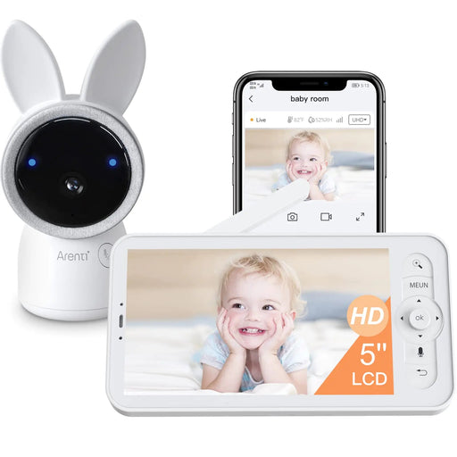 Arenti Baby Monitor 2K Smart Baby Camera with 5-Inch Upgraded Wireless Display Super Night Vision Lullabies Cry & Motion Detection Temp & Humidity Sensor Two Way Audio WiFi 6 Free Phone App - Gadgetmanic