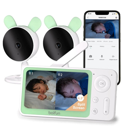BOIFUN Split Screen Video Baby Monitor WiFi 2 Cameras Smartphone APP Control & LCD Monitor AI Motion & Sound Detection 4.3 4X Zoom 1080P Smart (Monitor para Bebe) Area Alarm Video Recording - Gadgetmanic