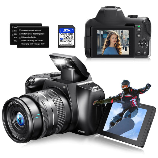Cameras for Photography 12X Optical Zoom 4K Digital Camera with WiFi & App Control 72MP Vlogging Camera with 180° Flip Screen Auto Focus Dual Batteries 59mm Wide Angle & Macro Lens 32GB SD Card - Gadgetmanic