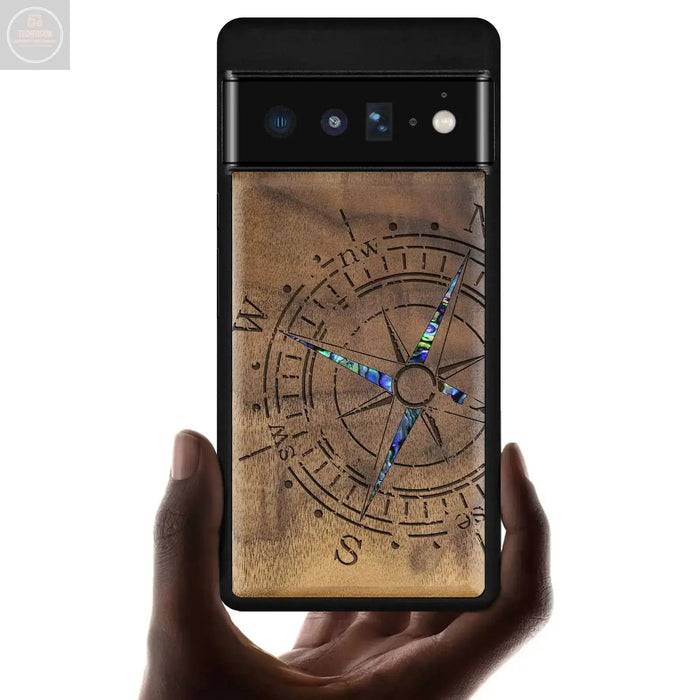 Carveit Designer Wooden Case for Google Pixel 6 Pro Case Cover [Wood Engraving & Shell Inlay] Unique Wood Phone Case Compatible with Wireless Chargers Pixel 6 Pro Case (Compass-Walnut) - Gadgetmanic