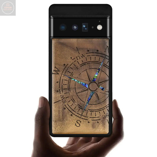 Carveit Designer Wooden Case for Google Pixel 6 Pro Case Cover [Wood Engraving & Shell Inlay] Unique Wood Phone Case Compatible with Wireless Chargers Pixel 6 Pro Case (Compass-Walnut) - Gadgetmanic