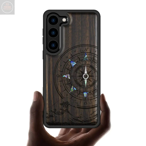 Carveit Designer Wooden Case for Samsung Galaxy S23 Case Cover [Wood Engraving & Shell Inlay] Wood Phone Case Compatible with Wireless Chargers Galaxy S23 Case (Wave Compass-Blackwood) - Gadgetmanic