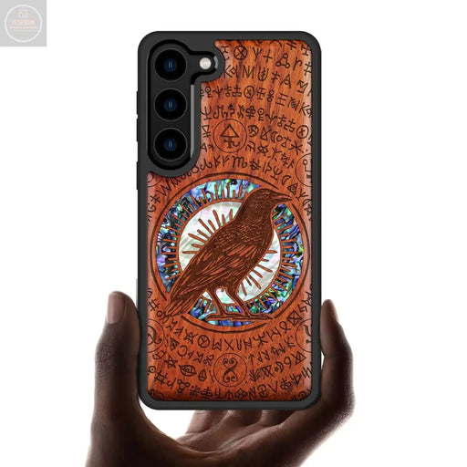 Carveit Designer Wooden Case for Samsung Galaxy S23 Plus Case Cover [Wood Engraving & Shell Inlay] Unique Wood Phone Case Compatible with Wireless Chargers Galaxy S23 Plus Case (Raven-Red Wood) - Gadgetmanic