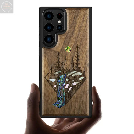 Carveit Designer Wooden Case for Samsung Galaxy S23 Ultra Case Cover [Wood Engraving & Shell Inlay] Wood Phone Case Compatible with Wireless Chargers Galaxy S23 Ultra Case (Falls Landscape-Walnut) - Gadgetmanic