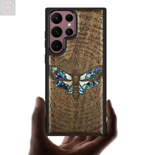 Carveit Wooden Case for Samsung Galaxy S22 Ultra Case Cover [Wood Engraving & Shell Inlay] Wood Phone Case Compatible with Wireless Chargers Galaxy S22 Ultra Case (Deaths Head Moth-Walnut) - Gadgetmanic