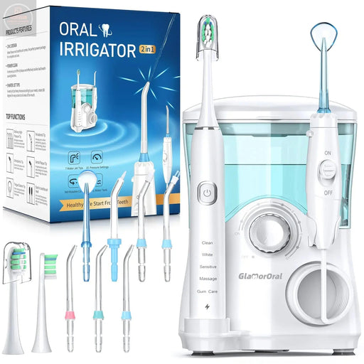 Electric Toothbrush and Water Flosser600ML Oral Irrigator Water Flosser with 7 Jet Tips10 Adjustable Pressure SettingsSonic Electric Toothbrush with 2 Brush Heads5 Modes(White) - Gadgetmanic