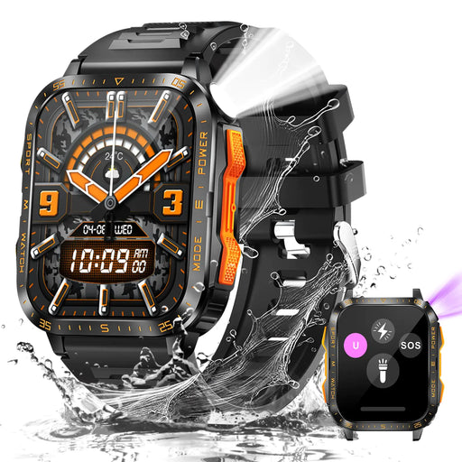 Black and orange smartwatch with water resistance feature on a white background