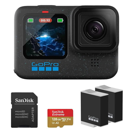 GoPro HERO12 Black 4K Camera with Hypersmooth Stabilization and Waterproof Ultra-Rugged Design Bundle with Extra Enduro Rechargeable Li-Ion Battery and SanDisk 128GB Extreme Memory Card - Gadgetmanic