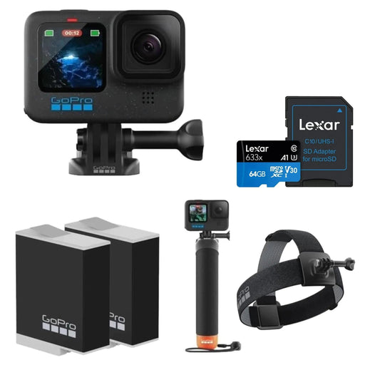 GoPro HERO12 Black Action Camera with Bundle 2X Rechargeable Batteries Go Pro Handler (Floating Hand Grip) Head Strap 2.0 Mounting Buckle + Thumb Screw Extreme Sport Hero 12 - Gadgetmanic