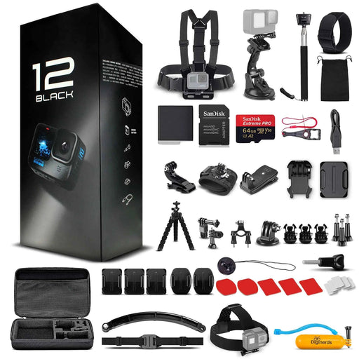 GoPro HERO12 (Hero 12) Black - Waterproof Action Camera with 5.3K HDR Video 27MP Photos 1/1.9" Image Sensor Live Streaming Webcam Stabilization + 64GB Card & 50 Piece Accessory Kit - Bundle - Gadgetmanic